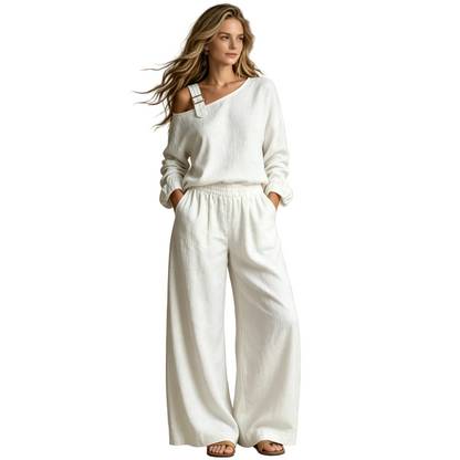 Women's Asymmetric Off Shoulder Two Piece Matching Set Long Sleeve Buckle Strap Top Elastic Waist Wide Leg Trousers Casual Linen Texture Lounge Outfit