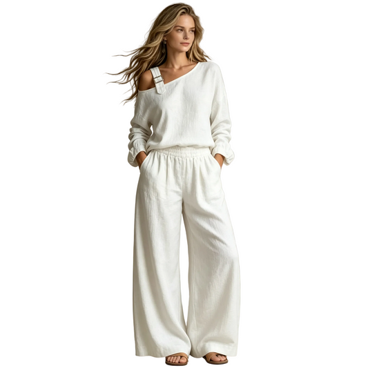 Women's Asymmetric Off Shoulder Two Piece Matching Set Long Sleeve Buckle Strap Top Elastic Waist Wide Leg Trousers Casual Linen Texture Lounge Outfit